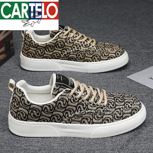 CARTELO canvas shoes men's low top summer 2025 new niche low top printed board shoes men's thick sole sports and casual trendy shoes T24 beige 41