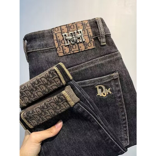 High-end jeans for men 2025 new spring, summer and autumn slim fit small feet handsome Korean style trendy stretch long pants for men black gray 31