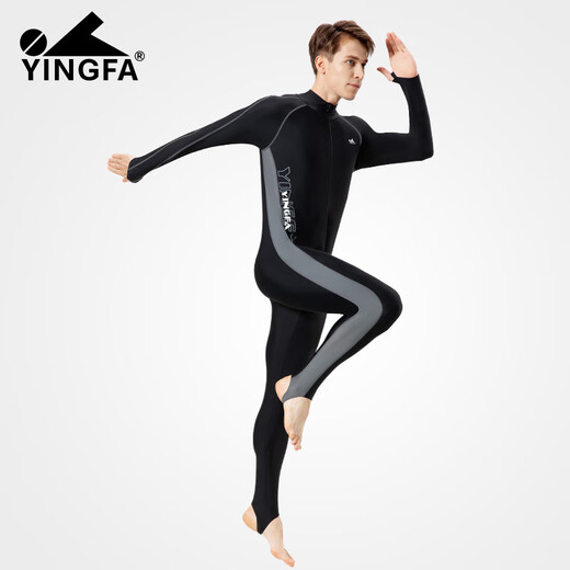 YINGFA swimsuit men's one-piece long-sleeved trousers sun protection warm surfing wetsuit seaside outdoor swimming jellyfish suit black/grey M