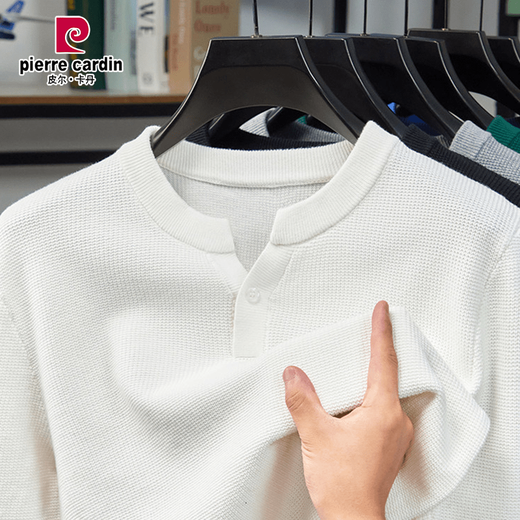 Pierre Cardin Autumn 100 pure cotton comfortable and skin-friendly men's sweater casual henley collar bottoming sweater loose sweatshirt for men blue M 165 125Jin Jin is equal to 0.5 kg or less