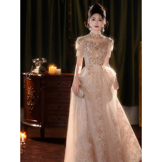 Pierre Cardin High-end Dress for Women 2025 New Light Luxury Niche Student Day Adult Ceremony Art Exam Host Small Style Champagne Gold S