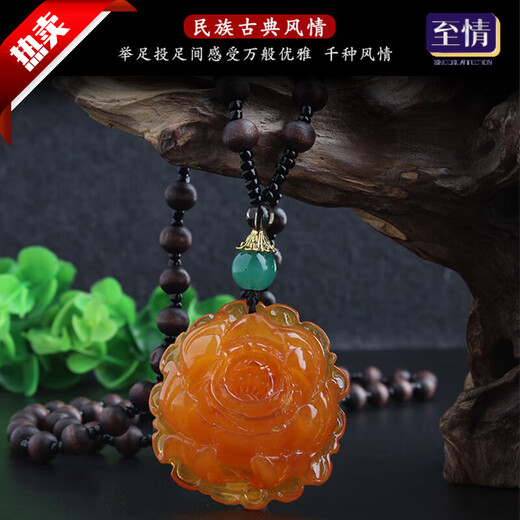 Love old beeswax water drop necklace amber long sweater chain safety buckle peony flower retro men and women chicken oil yellow pendant water drop lotus wood bead chain 70 0 carat cm circumference