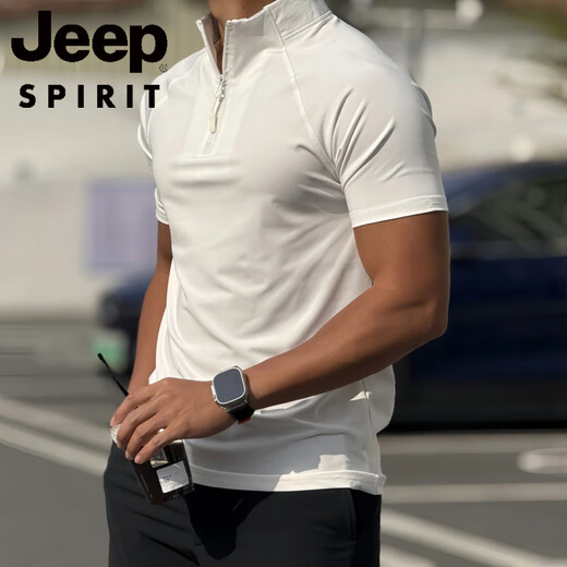 JEEP SPIRIT black half-zip quick-drying short-sleeved men's summer tough guy style fitness sports half-sleeved American cycling jersey t-shirt white 2XL 160-180Jin Jin equals 0.5 kg