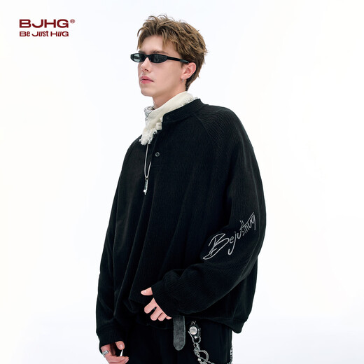 BJHG reckless henley collar inner sweatshirt for men, autumn trendy long-sleeved T-shirt, loose casual polo bottoming shirt for women, graphite black 2XL