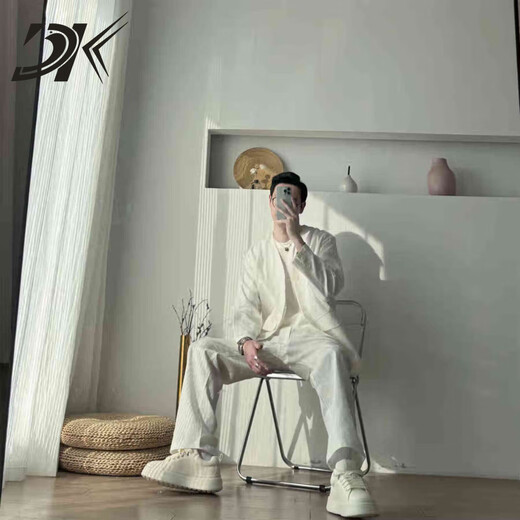 DK high-end men's collarless cotton and linen suit men's spring and summer thin retro old money style relaxed suit two-piece white M recommended 95-120 Jin Jin equals 0.5 kg