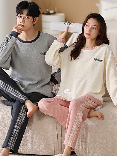 曼之伴（Manzhiban）情侣睡衣春秋款纯棉长袖宽松加大码家居服男女款薄款全棉套装 HMF7374#纯棉款情侣套装 女：M