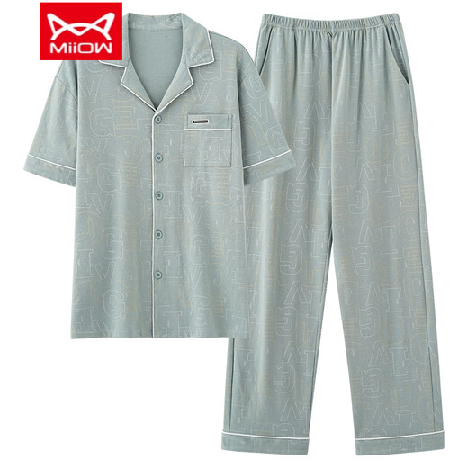 MiiOW costume deux pièces pyjama pour hommes, pantalon à manches courtes portable d'été, revers cardigan, nouveaux vêtements de maison, pur coton NSN--9856 Male L