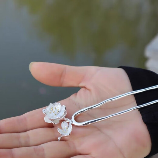 KZD Old Phoenix 999 sterling silver silver hairpin double flower U-shaped hairpin ancient style replica hairpin headdress for women white light peach blossom