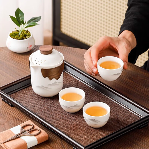 White porcelain travel kung fu tea set portable outdoor quick cup companion gift customization distant mountain travel tea set one pot three cups with bag