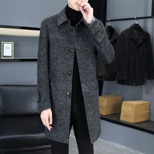 JEEP winter thickened double-sided loose woolen coat men's medium-length single-breasted business casual high-end woolen coat men black gray XL recommended 130-150Jin Jin equals 0.5 kg