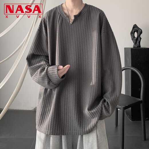 NASA XVVX white sweatshirt V-neck long-sleeved T-shirt men's heavyweight American high-end Henry collar loose inner bottoming shirt spring and autumn beige XL