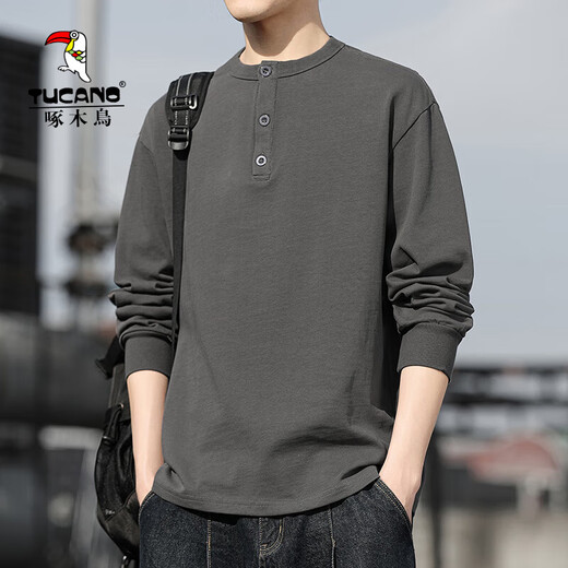 Woodpecker men's sweatshirt 2025 new spring and autumn long-sleeved T-shirt men's high-end heavyweight cotton Henry collar bottoming shirt men's gray L