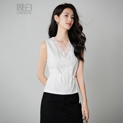 Late White Exklusives 2025 Herbst elegantes Spitzenshirt, elegantes Baumwoll-schmales, ärmelloses Damen-Top, Weiß, S