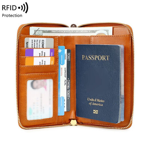 新款新款RFID防磁护照包拉链钱包机票收纳证件包多功能旅行护照夹 棕色