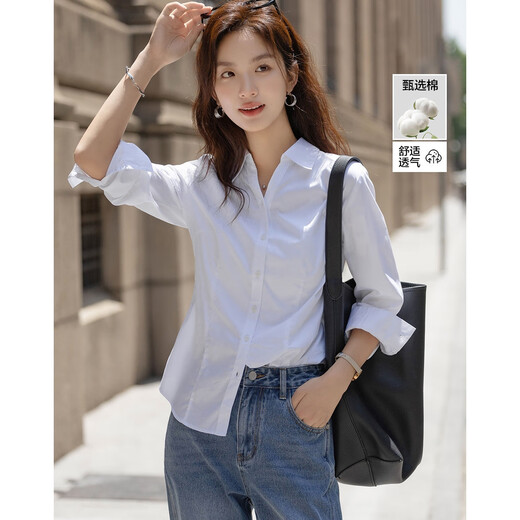 Demana pure cotton island autumn temperament commuter V-shaped lapel shirt princess line waist long-sleeved shirt women's tops