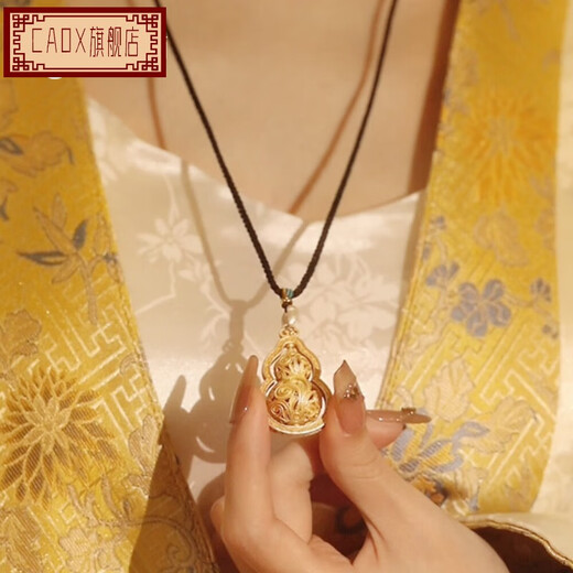 CAOX Fulu women's pure silver 9999 new Chinese sweater chain Tang grass pattern transfer bead tracing gold necklace sterling silver Fulu gourd.9999 pure silver pendant (rotatable