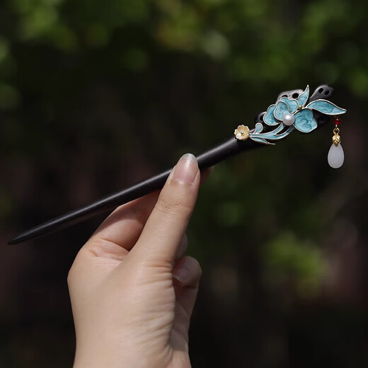 Hypatia Hairpin Women's Ebony Wood Hairpin Ancient Style Imitation Dotted Green Burnt Blue Butterfly Double-sided Hairpin New Chinese Hanfu Hairpin Lotus Burnt Blue