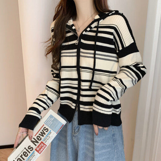 TonLion 2025 autumn and winter age-reducing striped double-ended zipper hooded knitted cardigan women's coat high-end sweater