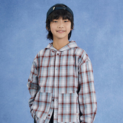 Mipu shopping mall same style autumn new children's shirt brushed plaid hooded long-sleeved versatile casual top coffee color 150