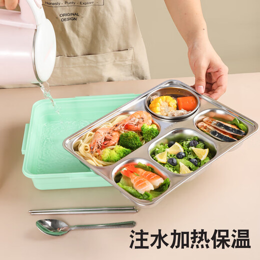 304 stainless steel compartment large capacity insulated lunch box student office workers canteen lunch box with lid anti-scald lunch box 304 material 5 compartments + chopsticks and spoons 1800ml Nordic blue