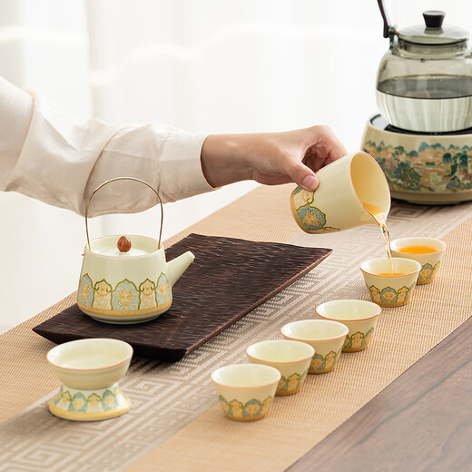 Bo Na Ling Tea Set Complete High-end Kung Fu Tea Set Portable Business Gift Practical Heartfelt Birthday Gift for Father and Elders Ru Kiln Ancient Charm 10-piece Set Chinese Dragon Gift Box