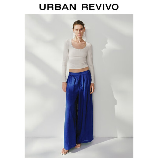 UR2025 new autumn women's spliced lace short slim long-sleeved T-shirt UWH450100 white M