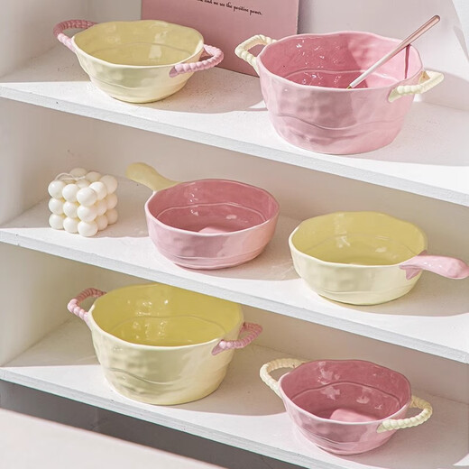 Persson Double-Eared Soup Bowl Home 2025 New Instant Noodle Bowl High-Looking Large Bowl Creamy Noodle Soup Bowl Ceramic Snail Noodle Bowl 9.5-inch Double-Eared Bowl Pink + Milk Yellow