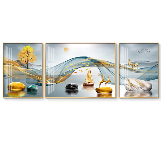 现代简约客厅装饰画沙发背景墙壁画大气轻奢三联画挂画镶钻晶瓷 hj-3883-福禄双临 两边70*90中间140*90尊贵黑框镶