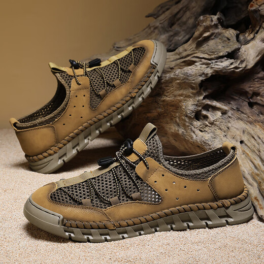 超纤皮凉鞋男款法皮鞋春夏季新款真皮镂空洞洞鞋软底休闲沙滩鞋男 沙色 【超纤皮A681】 42