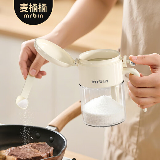Mr. Bin seasoning box home kitchen storage 2025 new glass sealed salt shaker with spoon moisture-proof seasoning salt shaker cream white丨Including spoon/spoon compartment-free label