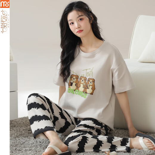 Pijama modal para mujeres en verano 2025 Nuevos pantalones de trajes de manga corta todo algodón coreano delgado para ropa al aire libre Y9719 XL (recomendado 115-130Jin [Jin iguala 0.5 kg])