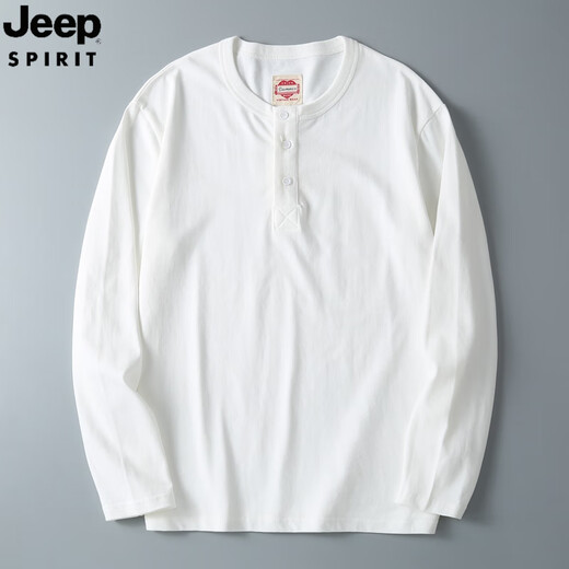 JEEP SPIRIT Jeep Henry shirt men's long-sleeved T-shirt Henry collar American retro washed distressed cotton bottoming shirt with t black S