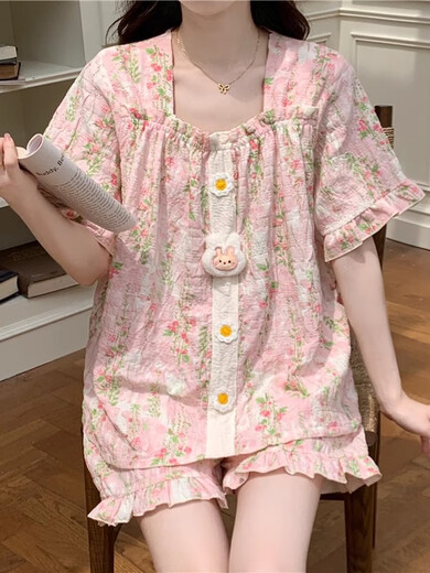 莫代尔带胸垫睡衣夏季新款女款碎花甜美薄款云朵纯棉短袖短裤家居服套装 449_9902-1#双短蓝条熊带胸垫 M