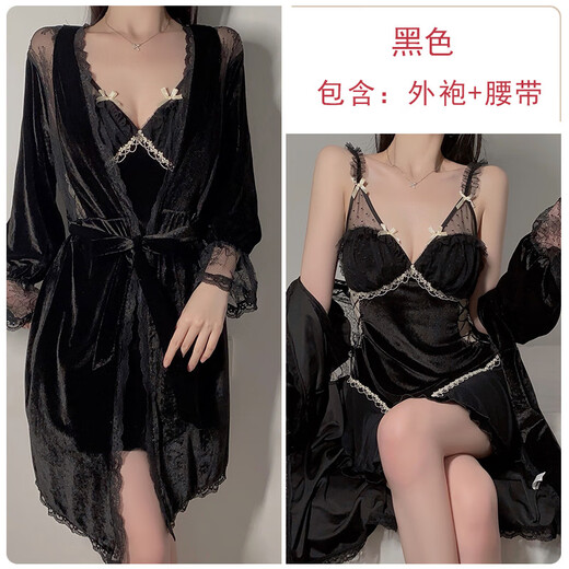 瑰若（Gui Ruo）DZ秋冬丝绒内衣简约深V加胸垫大码诱惑吊带睡裙外 3879黑色（外袍+腰带 均码