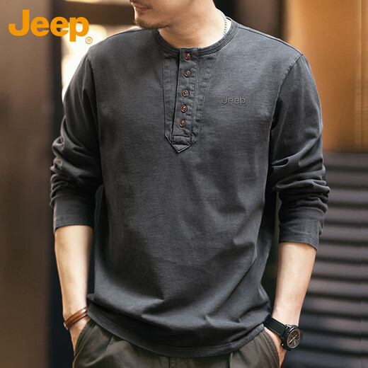 Jeep (JEEP) long-sleeved T-shirt men's autumn and winter Henry collar loose heavyweight tough guy work clothes men's gray XL