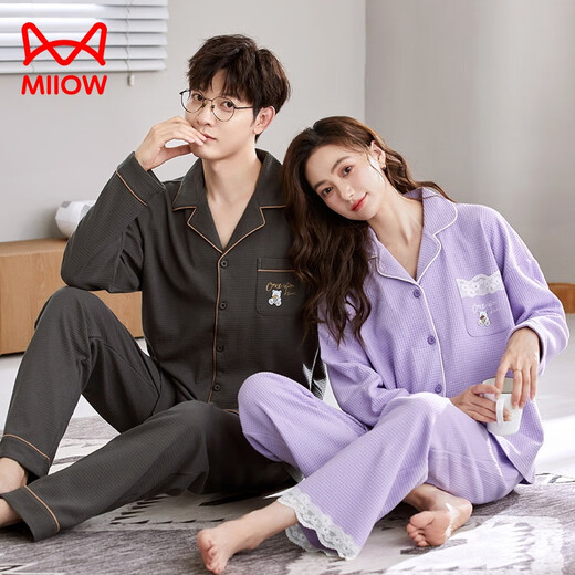Cat man (miiow) pyjamas en coton pur pour hommes 2 ensembles de tenues de couple pour le printemps et l'automne à manches longues douces et peut être usée sur le jeu de vêtements de maison extérieur #comfortable pur / coton couple pyjamas # mjl-9866 pure 1 femelle m + masculine xl