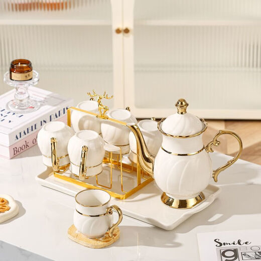 Burnison European high-end water set set light luxury ceramic living room household tea set cup teacup teapot housewarming gift Yellow Swan 1 pot 6 cups 1 lotus leaf plate gift box