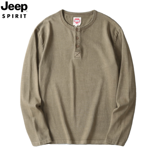 JEEP SPIRIT Jeep Henry shirt men's long-sleeved T-shirt Henry collar American retro washed distressed cotton bottoming shirt with t black S