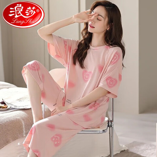 浪莎睡衣女夏季短袖七分裤套装宽松春夏天可外穿家居服 短袖七分裤套装679 M  建议80-95斤穿