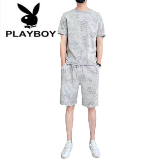 花花公子（PLAYBOY）纯棉2023新款冰丝短袖T恤套装男士休闲运动两件套男装宽松夏季潮 671黑色套装 3XL 160斤-175斤