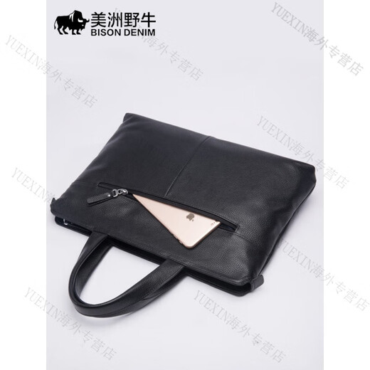 American bison men's briefcase horizontal style business trendy large capacity first layer cowhide 14-inch computer handbag black (first layer cowhide) genuine