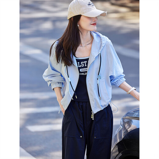 Awakening Paradise Casual Versatile Loose Workwear Top Hooded Jacket Letter Vest Drawstring Pants Three-piece Commuting Suit Blue XL