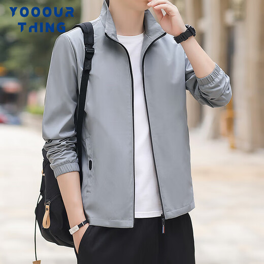 YOOOURTHING Jacket Jacket Men's 2025 Spring and Autumn New Casual Versatile Slim Solid Color Stand Collar Business Wear Winter Velvet Gray XL Recommendation 115-135Jin Jin equals 0.5 kg