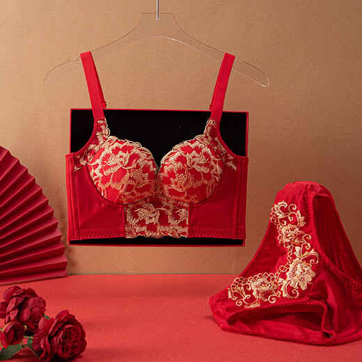 维多利亚的格调本命年结婚红色内衣女刺绣无钢圈防下垂收副乳聚拢上托文胸罩套装 6624【礼盒装】 80A