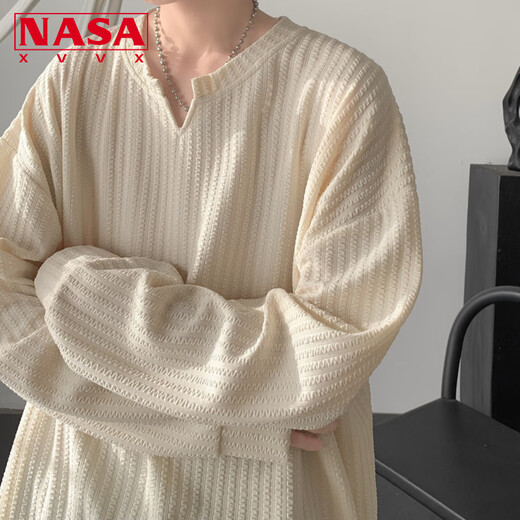 NASA XVVX white sweatshirt V-neck long-sleeved T-shirt men's heavyweight American high-end Henry collar loose inner bottoming shirt spring and autumn beige XL