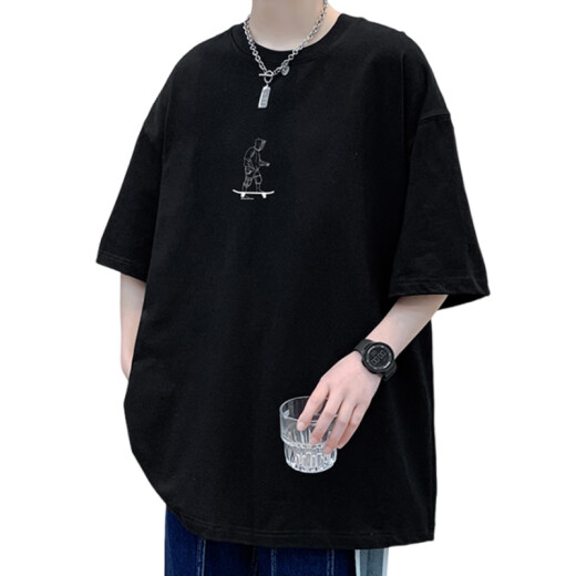 叮噜鱼宽松男士短袖重磅T恤男夏季港风上衣服凉感透气青少年五分半袖男t 3899黑色 3XL (约200-220斤可穿)