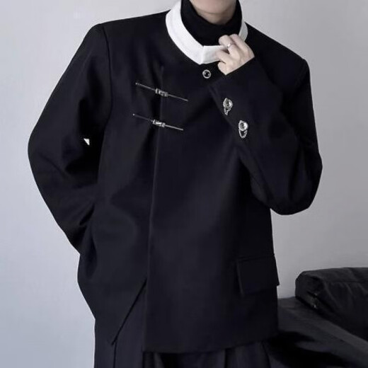 An Chuxia new Chinese style stand collar shoulder pad suit jacket men's spring and autumn trend niche design metal buckle casual suit black + black bottoming shirt + black trousers XL recommended 170-180c130-145Jin Jin equals 0.5 kg