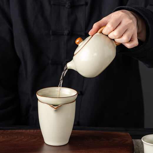 Ru kiln kung fu tea set complete set for home new high-end ceramic teacup teapot tea washing office complete set of tea set with 15 heads Ru kiln ink covered bowl 8 cups + pot washing channel