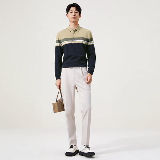 Qipai striped polo shirt/non-deformable collar polo shirt men's long-sleeved autumn business versatile lapel T-shirt khaki L