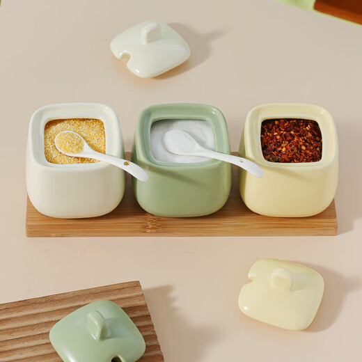 SUMEIJI salt shaker kitchen seasoning jar salt shaker ceramic Japanese seasoning jar combination household seasoning bottle small jar light luxury seasoning box three-color 3-pack seasoning jar tray with spoon